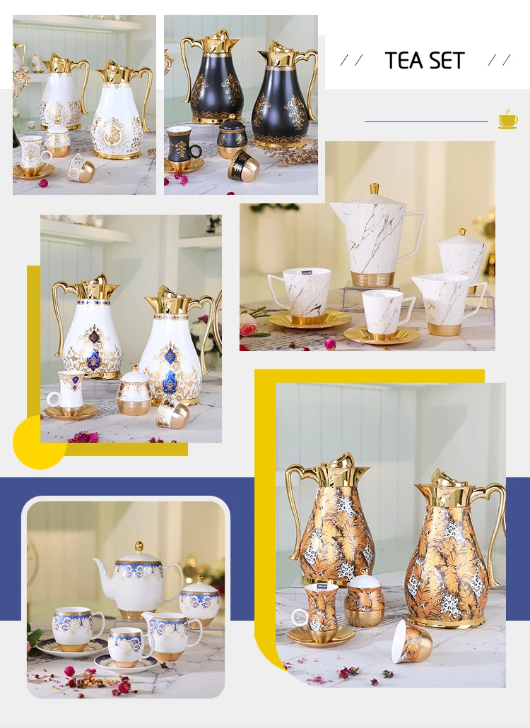 Juego de regalo moderno de estilo árabe de Oriente Medio, 27 Uds., cafetera de porcelana de oro real, juego de té, juegos de té y café de cerámica turca
