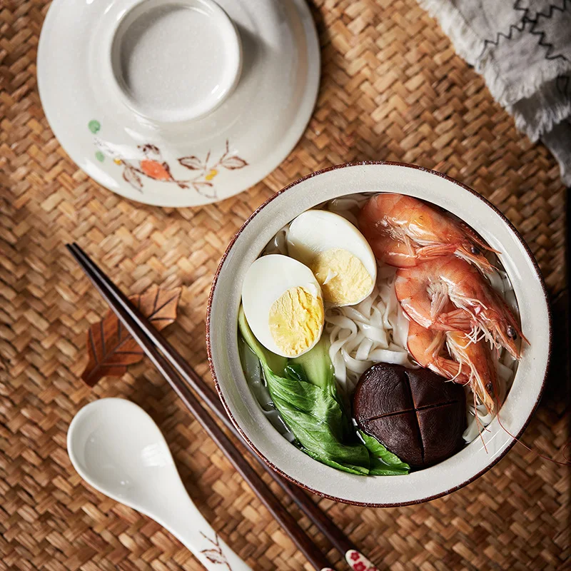 YWDL-cuenco japonés instantáneo para Ramen con tapa, tazones de cerámica Retro de gran capacidad para ensalada de fideos, vajilla de cocina para el hogar
