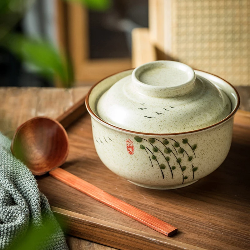 YWDL-cuenco japonés instantáneo para Ramen con tapa, tazones de cerámica Retro de gran capacidad para ensalada de fideos, vajilla de cocina para el hogar