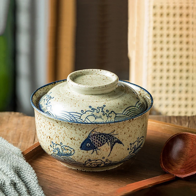 YWDL-cuenco japonés instantáneo para Ramen con tapa, tazones de cerámica Retro de gran capacidad para ensalada de fideos, vajilla de cocina para el hogar
