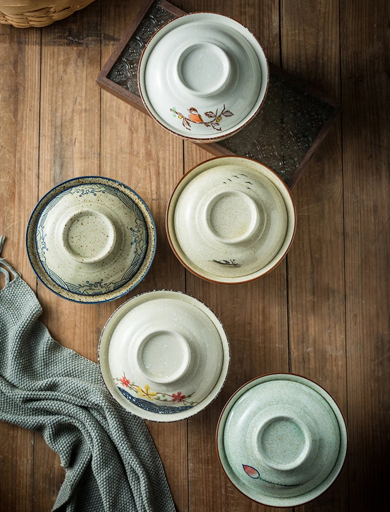 YWDL-cuenco japonés instantáneo para Ramen con tapa, tazones de cerámica Retro de gran capacidad para ensalada de fideos, vajilla de cocina para el hogar