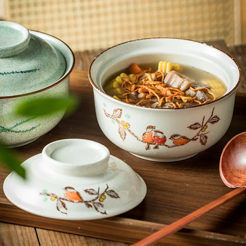YWDL-cuenco japonés instantáneo para Ramen con tapa, tazones de cerámica Retro de gran capacidad para ensalada de fideos, vajilla de cocina para el hogar