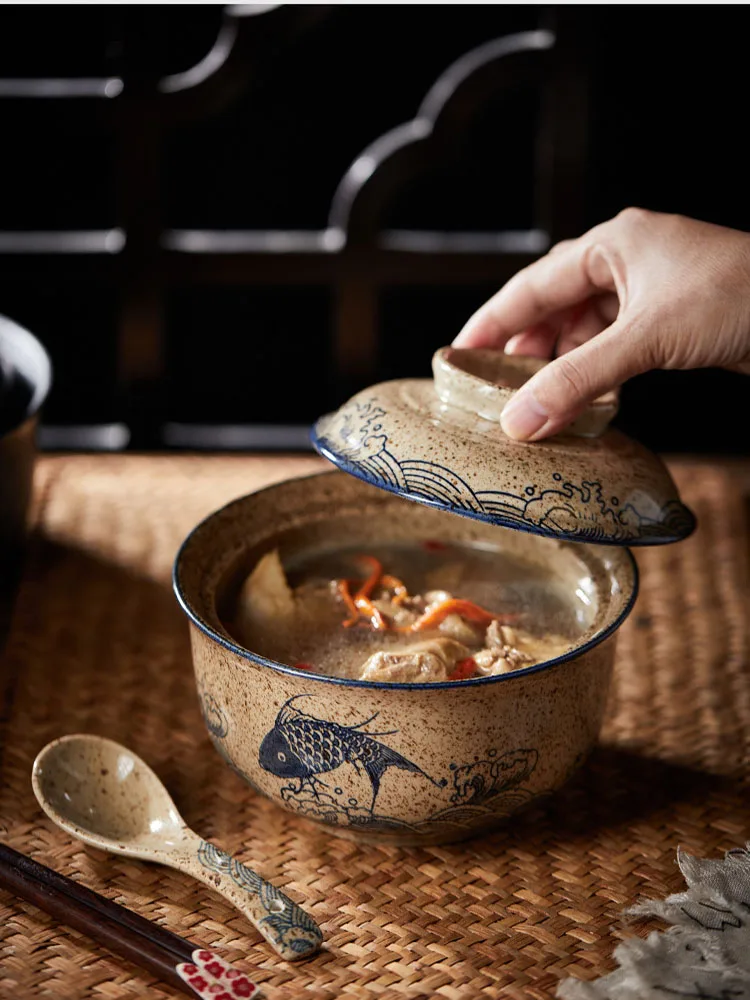 YWDL-cuenco japonés instantáneo para Ramen con tapa, tazones de cerámica Retro de gran capacidad para ensalada de fideos, vajilla de cocina para el hogar