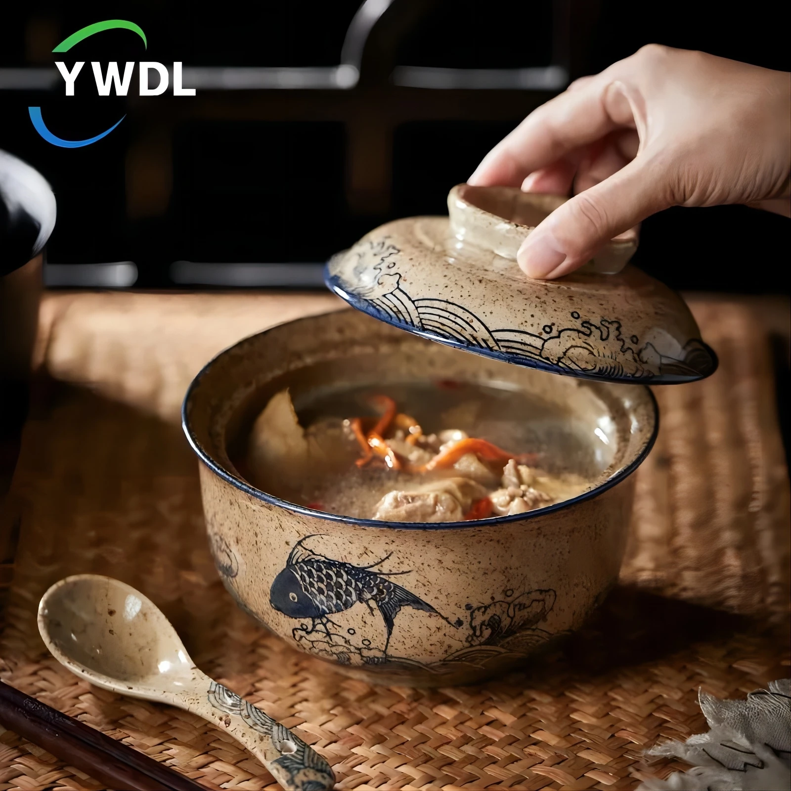 YWDL-cuenco japonés instantáneo para Ramen con tapa, tazones de cerámica Retro de gran capacidad para ensalada de fideos, vajilla de cocina para el hogar