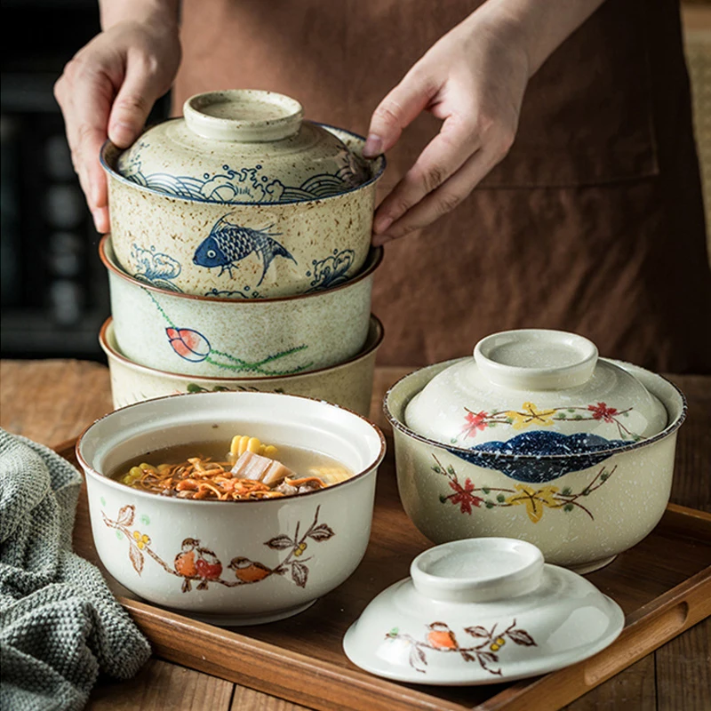 YWDL-cuenco japonés instantáneo para Ramen con tapa, tazones de cerámica Retro de gran capacidad para ensalada de fideos, vajilla de cocina para el hogar